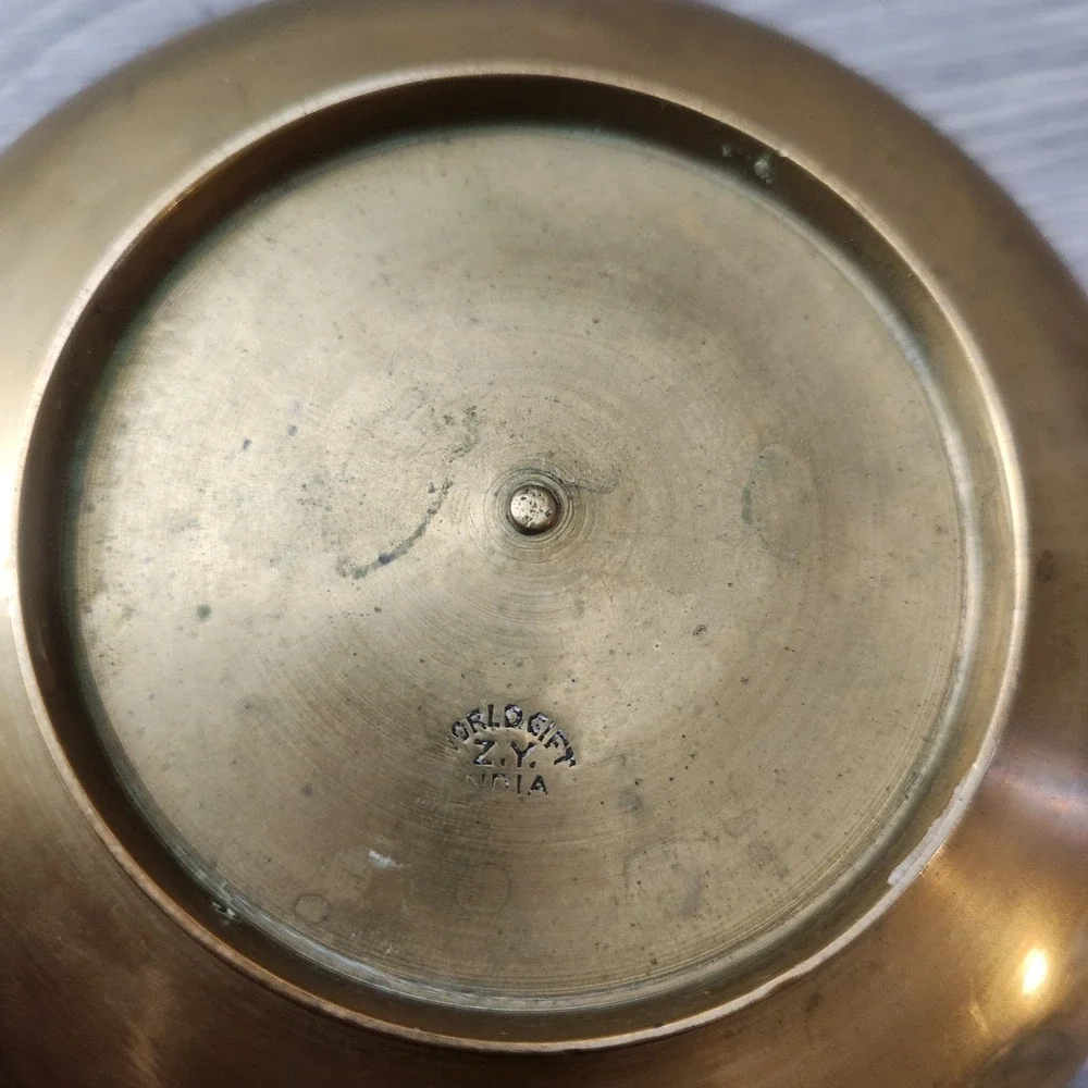 Vintage Etched Brass Rose Bowl Set with‎ Engraved Flowers Frog Mesh Insense Bowl